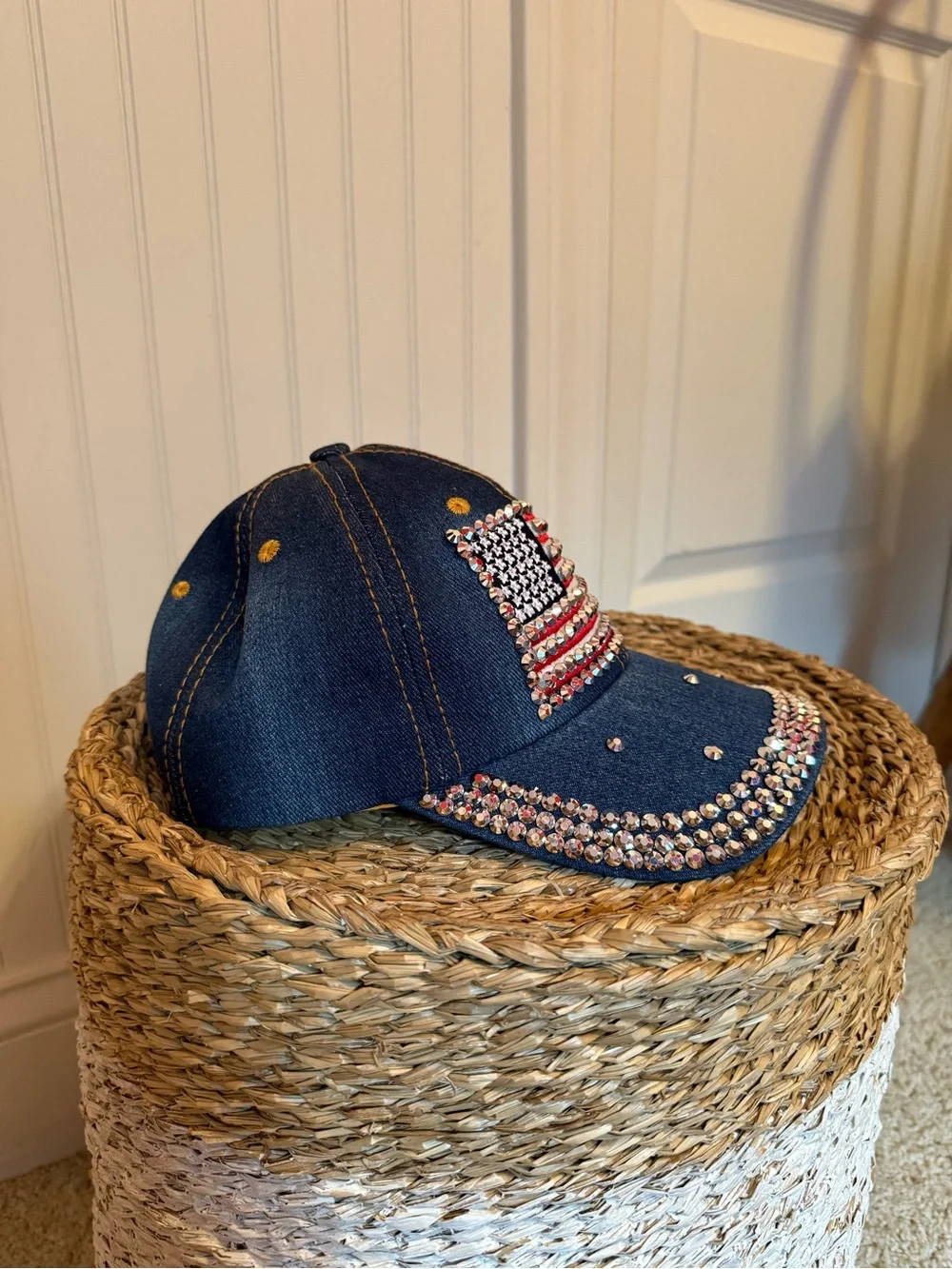 Denim Baseball Cap with Rhinestone American Flag - NWOT